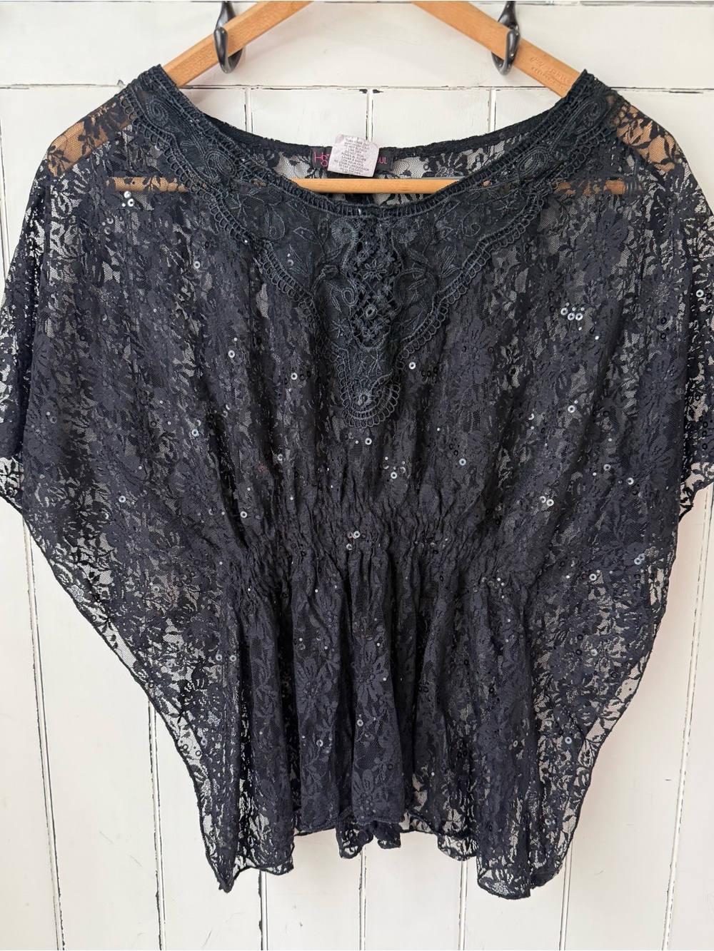 HeartSOUL Vintage Y2K Black Whimsigoth Sequin Lace Batwing Top
